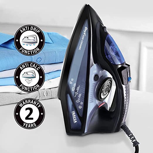 Inalsa Steam Iron Onyx 2200 Watt, Quick Heat Up with up to 30 g/min steam, 100 g steam Boost, Water Spray, Scratch Resistant Ceramic Soleplate, Vertical steam, Anti Drip & Anti Calc Functions. Inalsa Steam Iron Onyx 2200 Watt, Quick Heat Up with up to 30 g/min steam, 100 g steam Boost, Water Spray, Scratch Resistant Ceramic Soleplate, Vertical steam, Anti Drip & Anti Calc Functions.